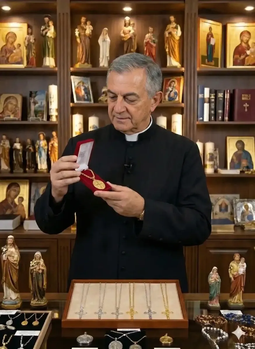 Padre apresentando o Colar de São Bento original na Loja