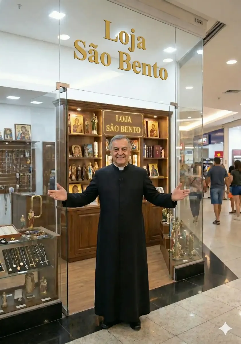 Padre na entrada da Loja São Bento, autorizada e oficial