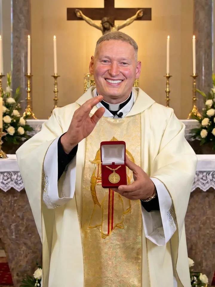Padre Marcelo Rossi abençoando o Colar de São Bento no altar