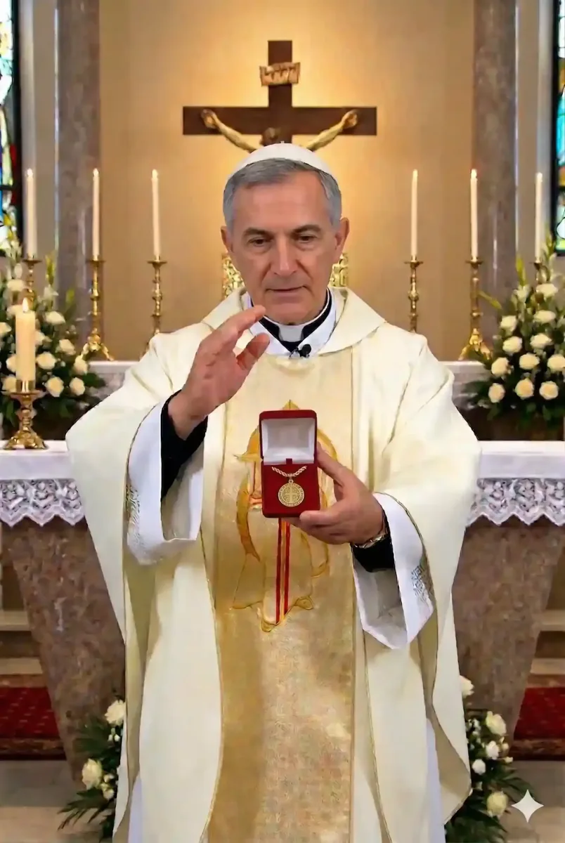 Padre Paulo Daniel abençoando o Colar de São Bento no altar